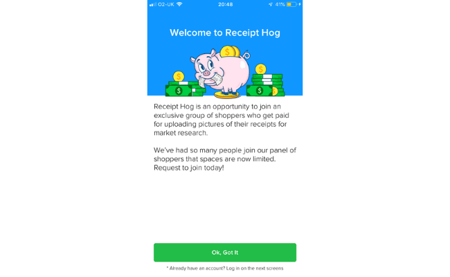 Receipt hog sign up screen